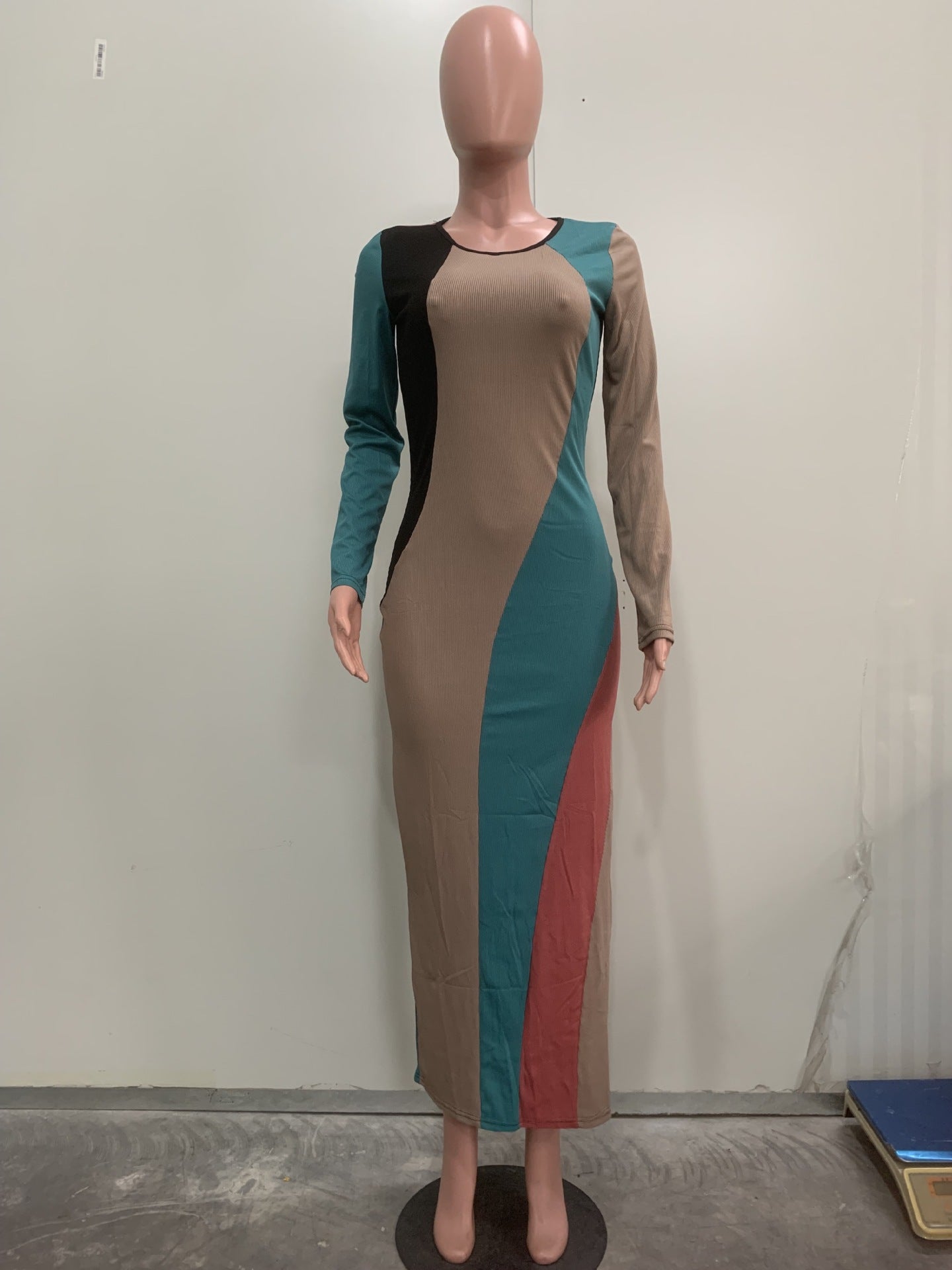 Women's Fashion Multi-Color Patchwork Long-Sleeved Ribbed Casual Dress 10