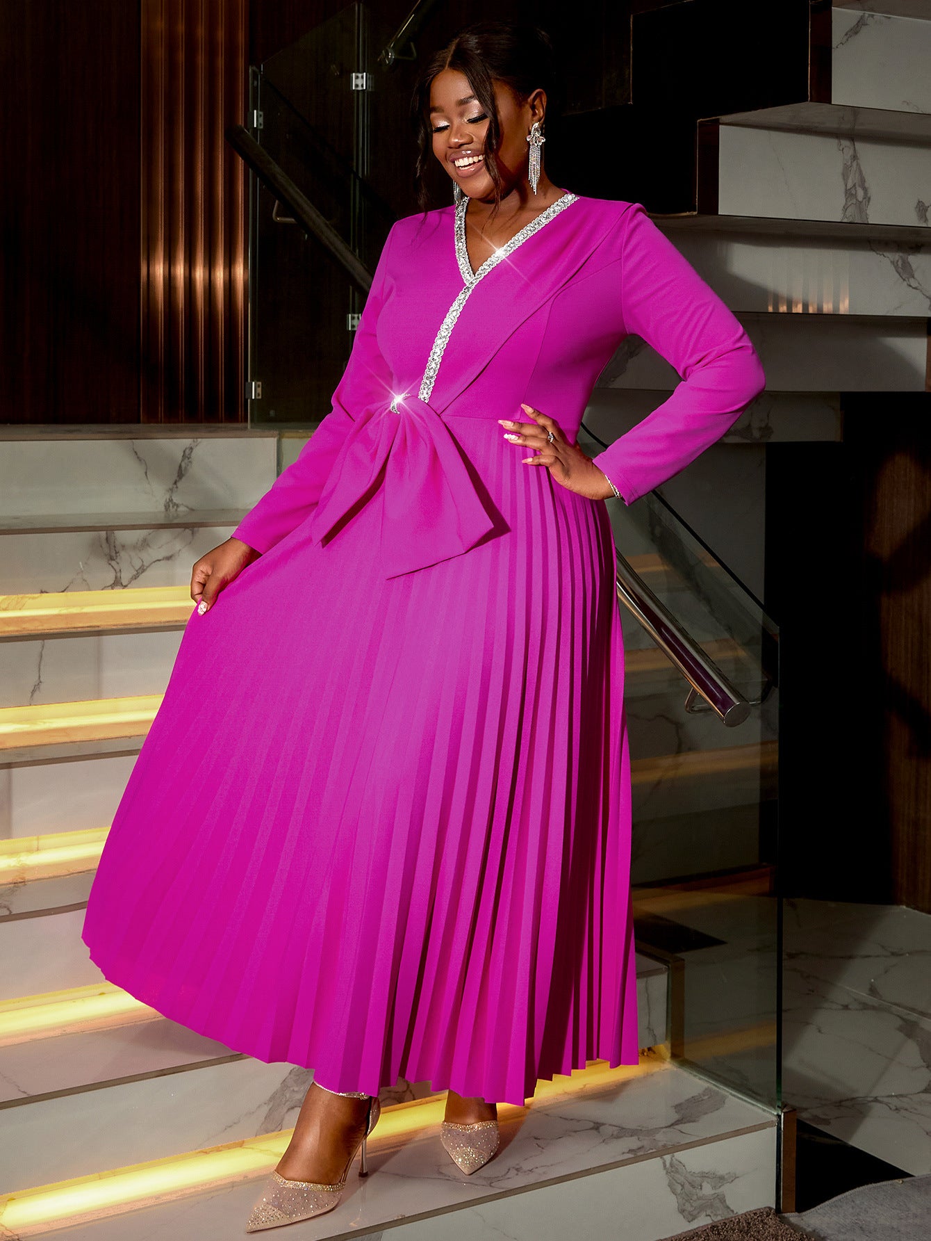 Women autumn and winter diamond v-neck bow party formal party pleated dress 8