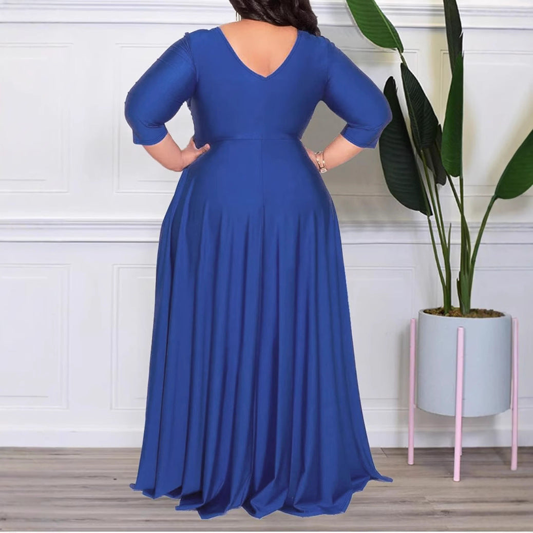 Plus Size Women Long Sleeve V-Neck Frill Dress