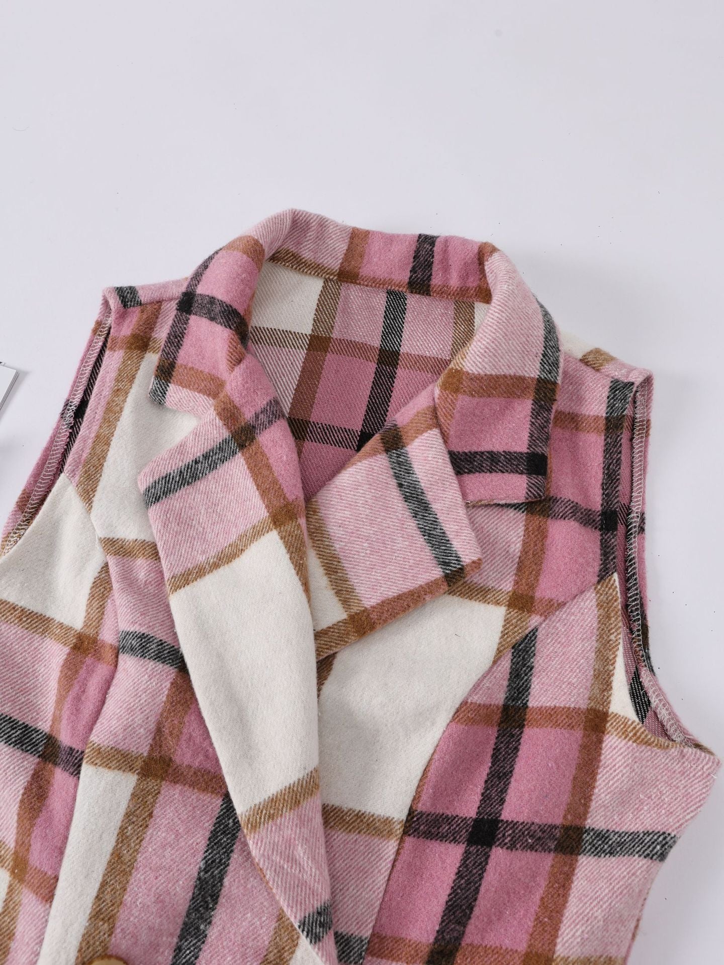 Women's Fashion Plaid Long Vest Turndown Collar Sleeveless Blazer 22