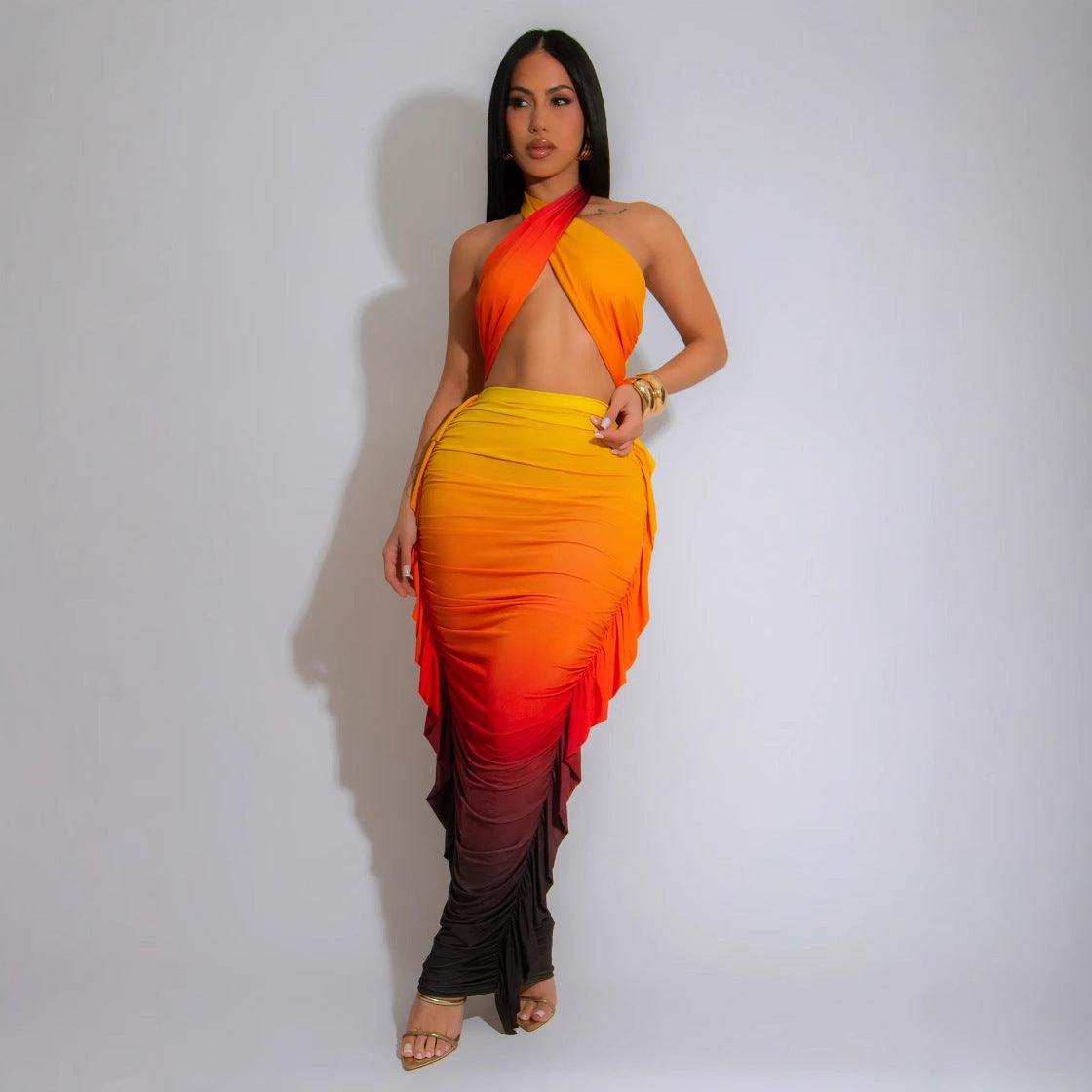 Women Gradient Print Pleated Crop Top and Skirt Two-Piece Set 3