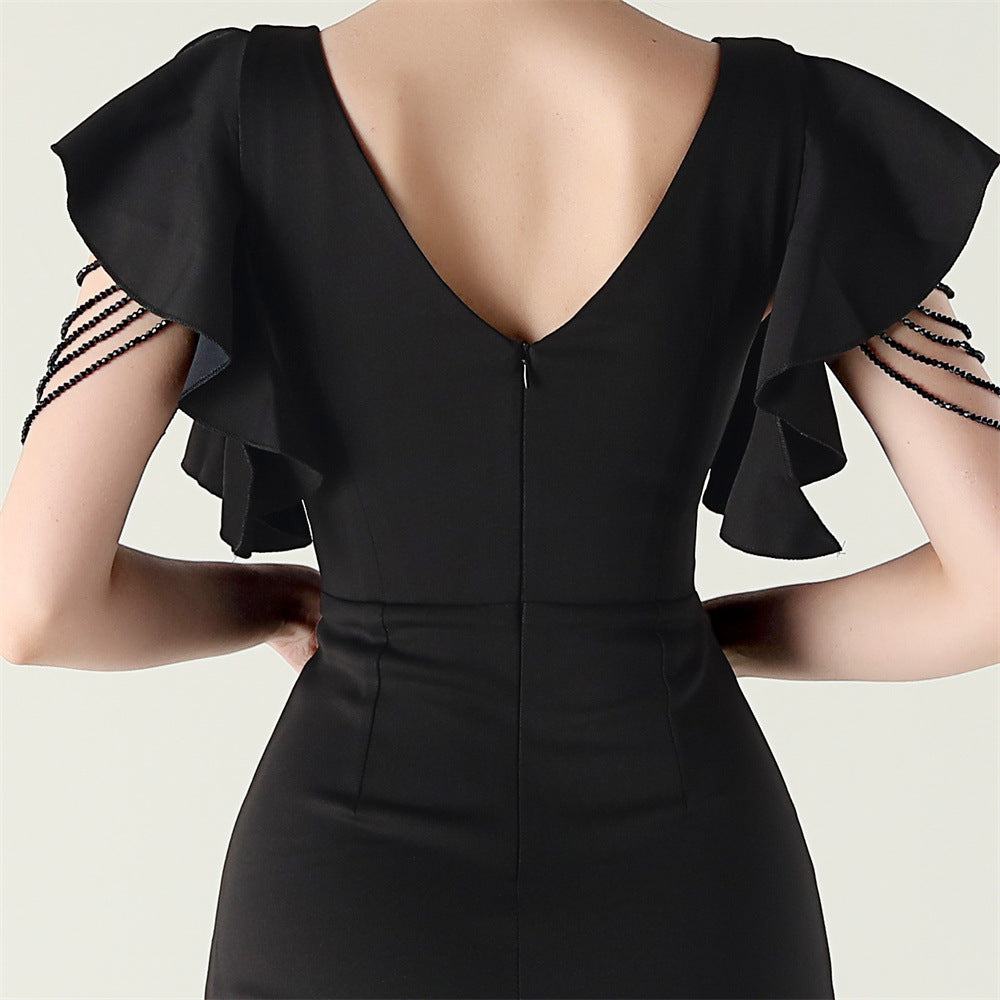 Women beaded tube V neck ruffle draped bead chain bead formal party evening dress 24