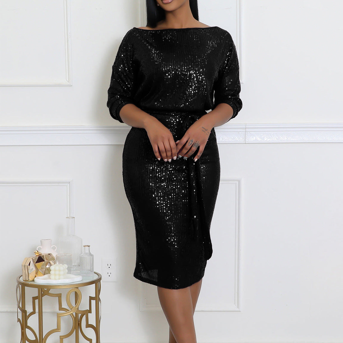 Women Slash Shoulder Sequin Sexy Formal Party Dress 5