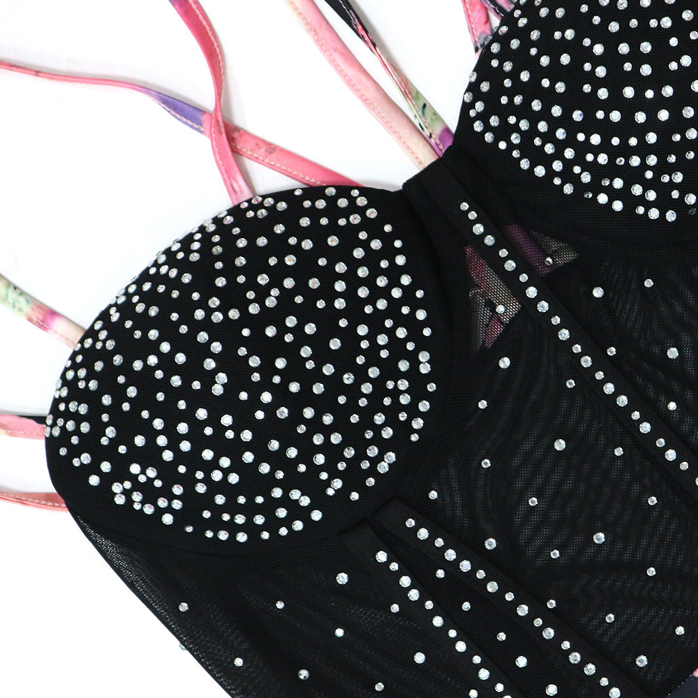 Fashion Beaded Strap Mesh Patchwork Dress 6