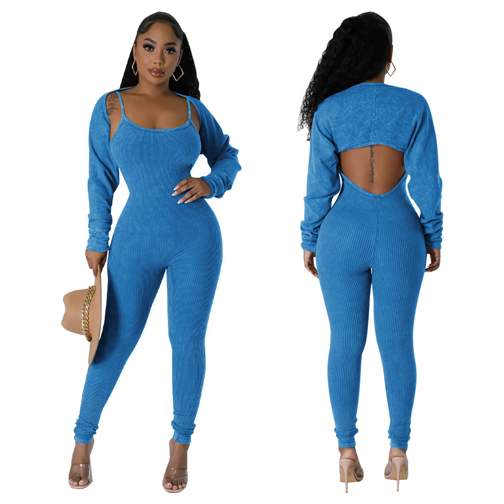 Women's Straps U Neck Sexy Tight Fitting Jumpsuit Long Sleeve Coat Two Piece Set 5