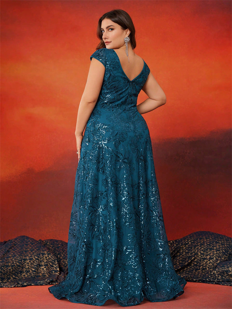 Women's Large V-Neck Sequin Floor-Length Elegant Bell Sleeve Formal Party Evening Gown 3