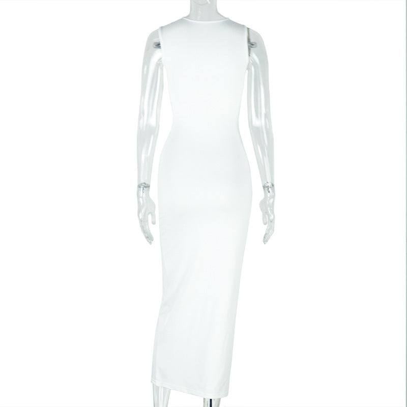 Women Elegant Solid Metal Pleated Bodycon Halter Asymmetric Neck Maxi Dress 12