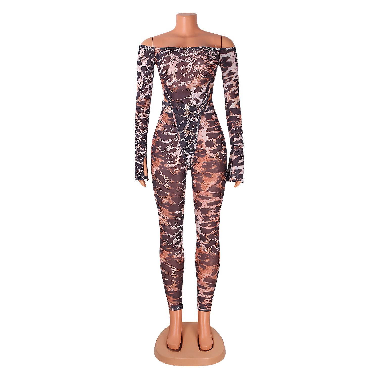 Fashionable and Sexy Mesh Leopard Print Bodysuit Slim Pants Two-Piece Set for Women 10