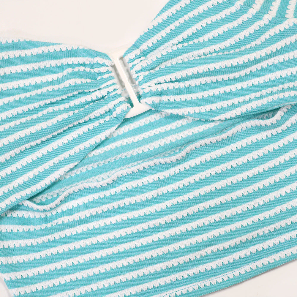 Women jacquard striped lace-up Crop Top and pencil pants two-piece set 15