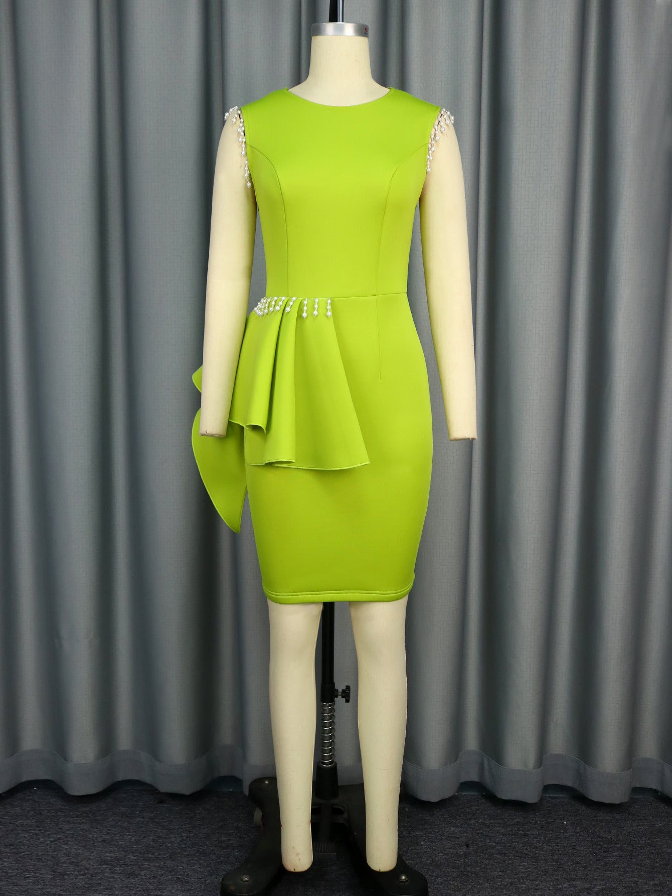 Women Party Dance Round Neck Sleeveless Beaded Bodycon Dress 10