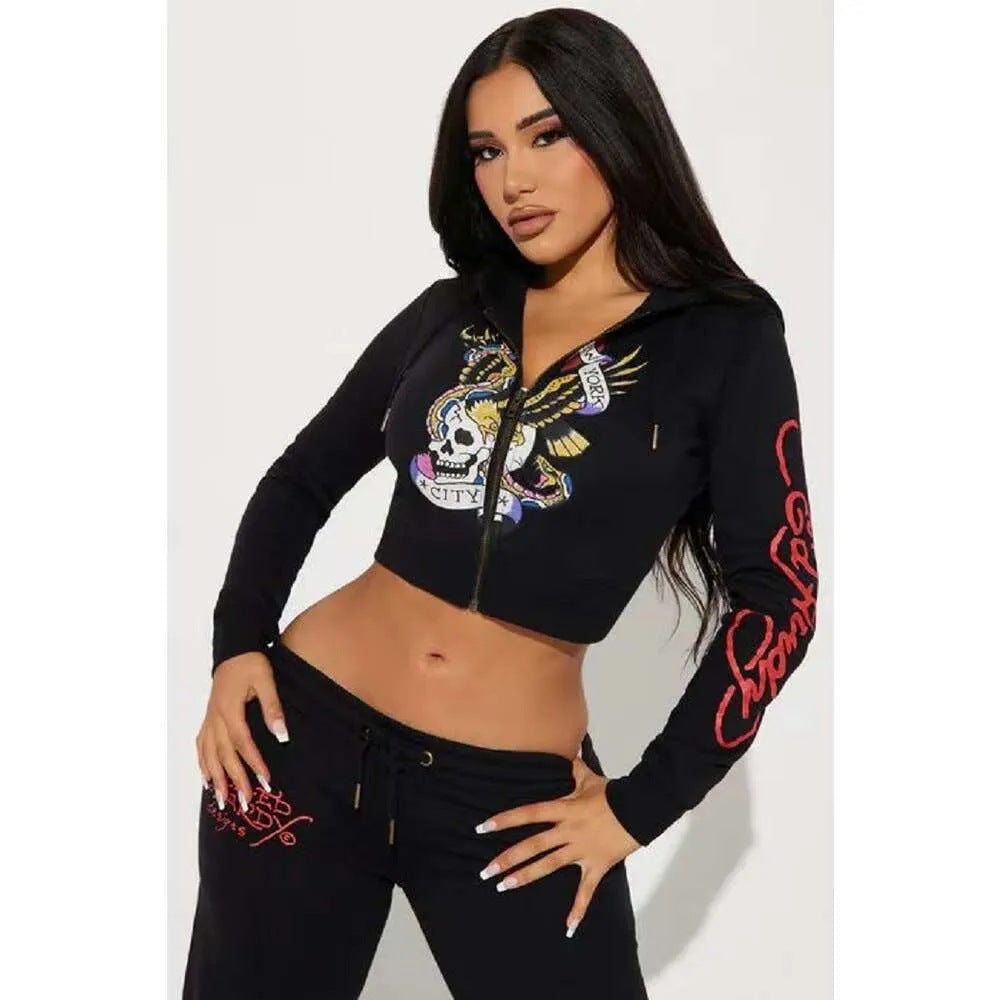 Women street casual print zipper hooded Print Top and Pants two-piece set 3