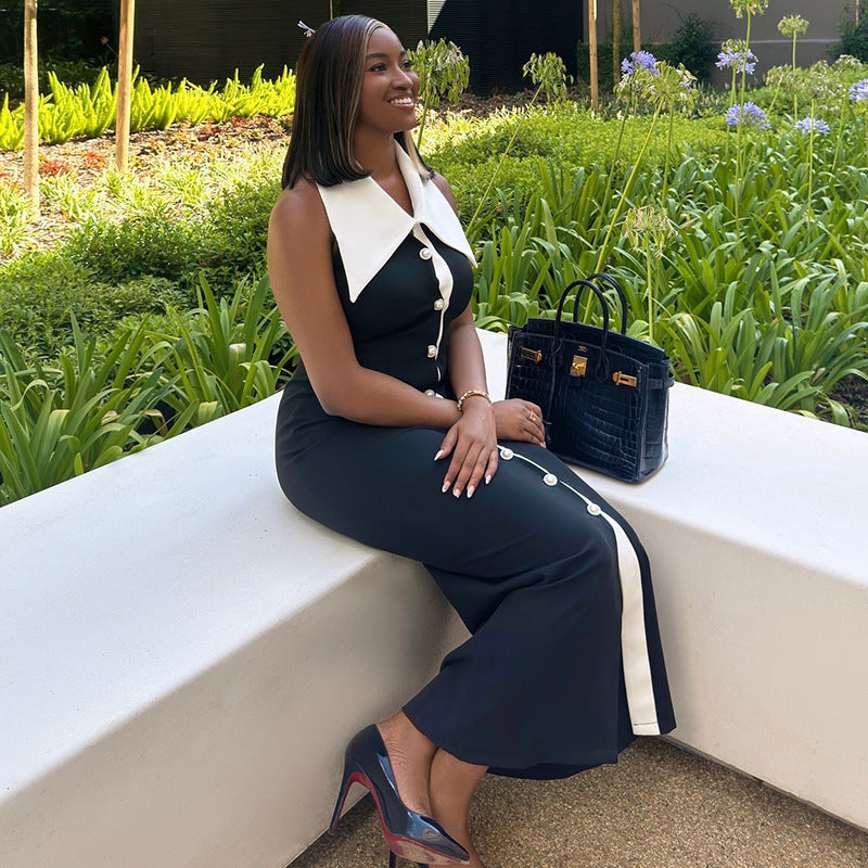 Women dress Turndown Collar color matching button sleeveless Casual Dress 3