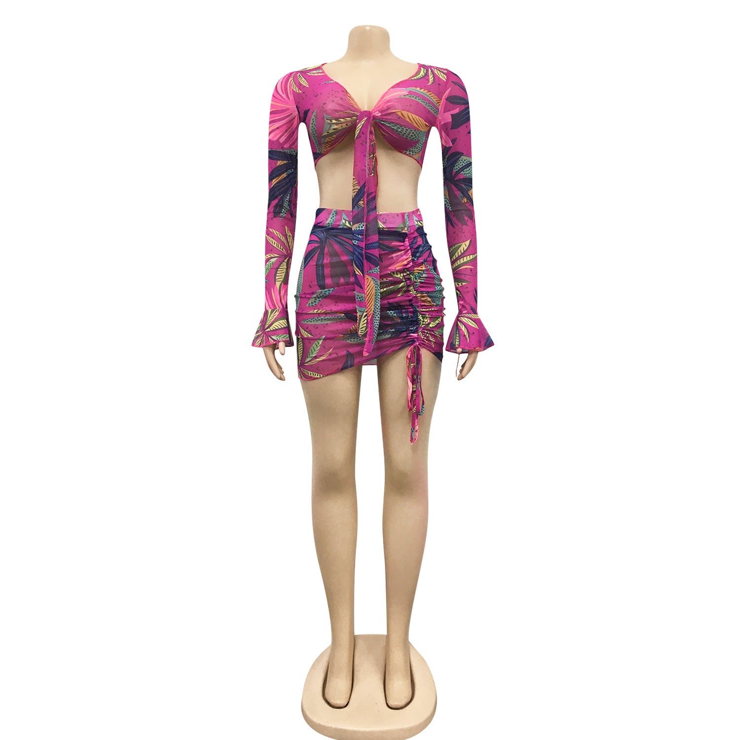 Women Printed V-Neck Lace-Up Long-Sleeved Top and Drawstring Skirt Two-Piece Set 23