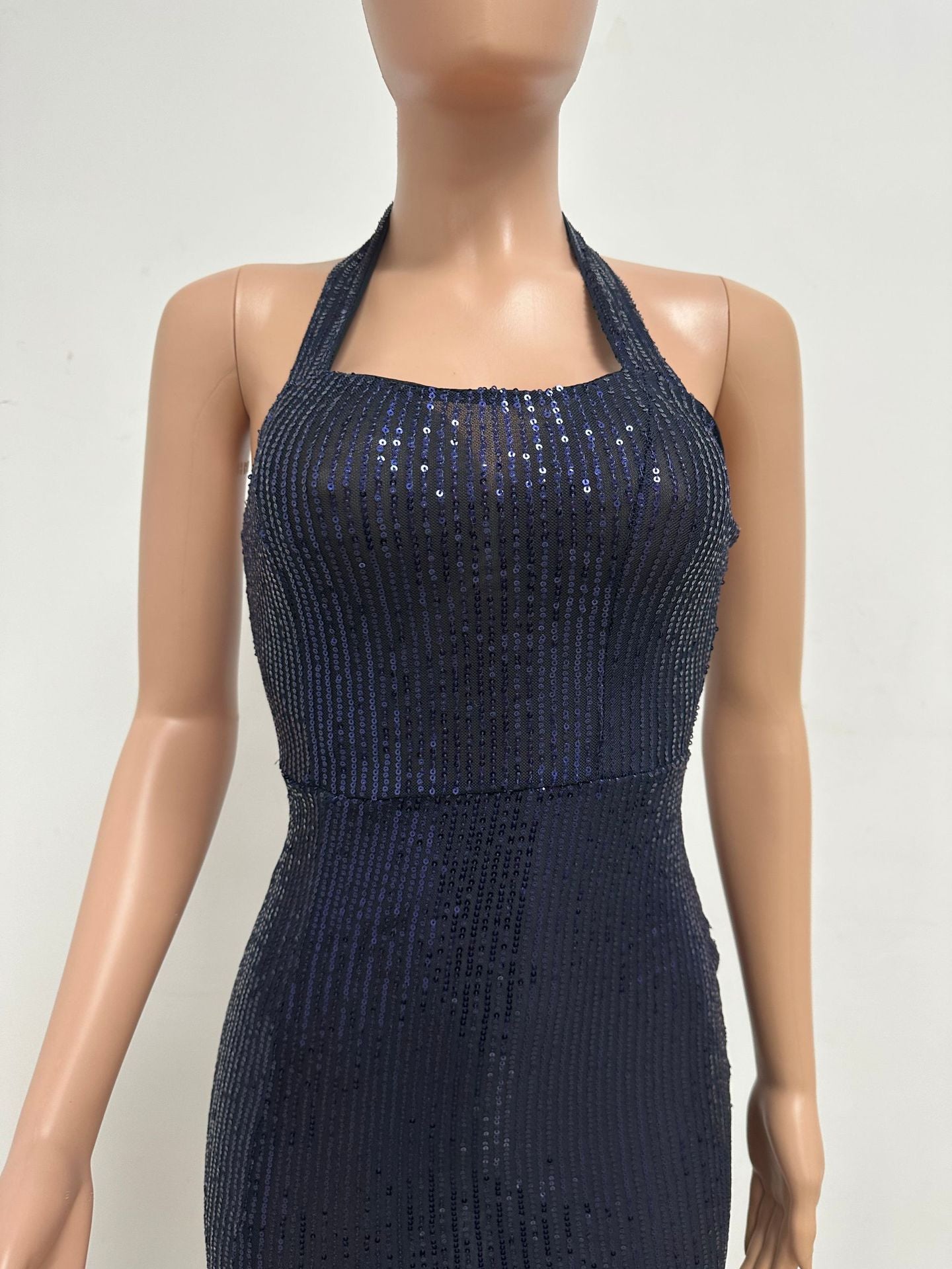 Women Sleeveless Halter Neck Backless Sequin Slit Evening Dress 48