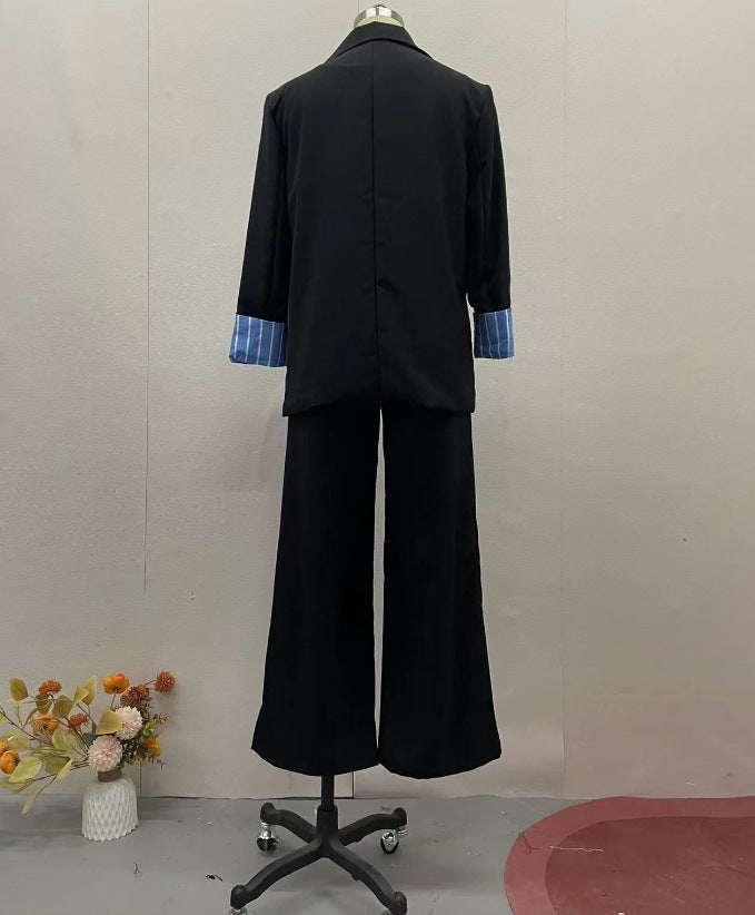 Autumn Fashion Turndown Collar Striped Coat Pants Chic Suit 8