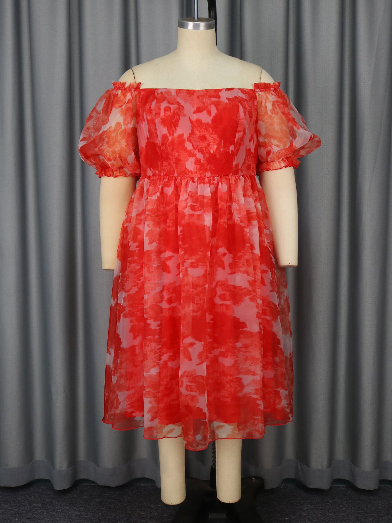 Plus Size Women Red Print Off Shoulder Puff Sleeve Dress 3
