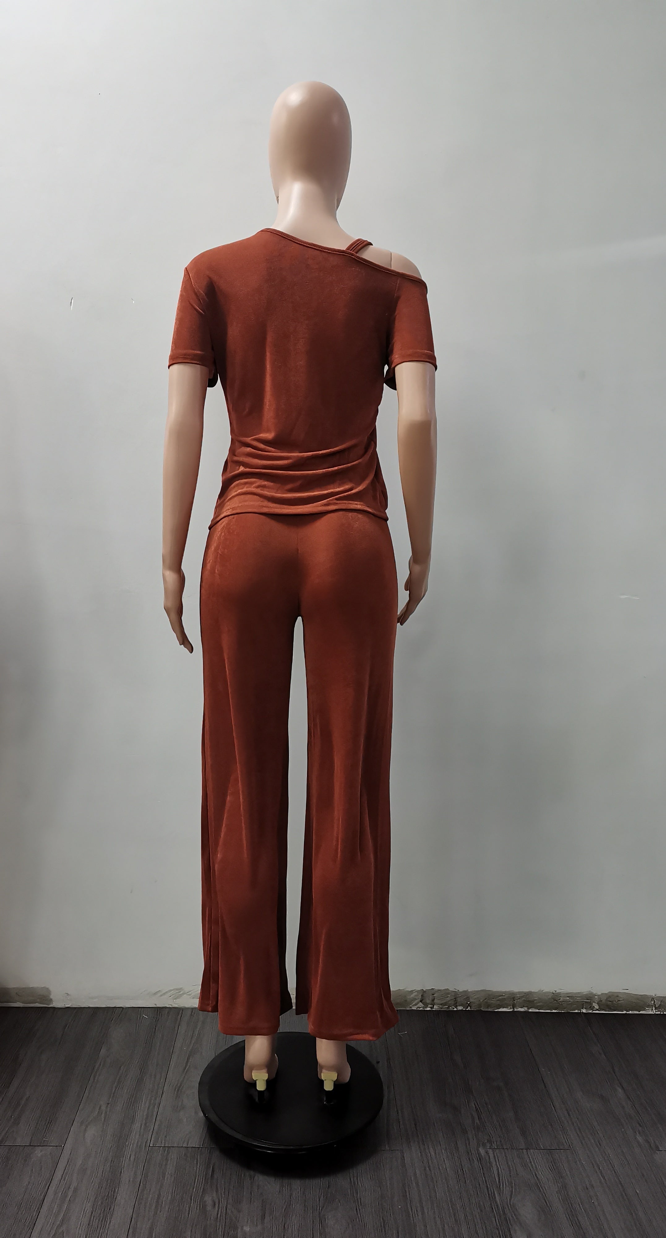 Women's Spring  Slash Shoulder Short Sleeve Pleated Slim Sexy Two-Piece Pants Set 14