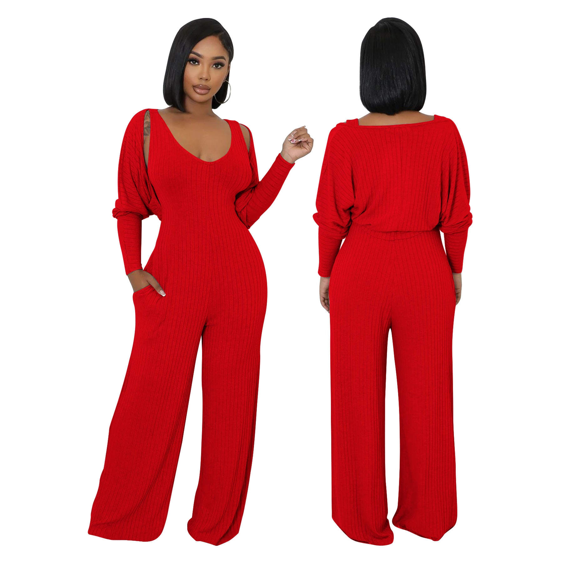 Women’s Fashion Ribbed High-Stretch Cape Top Sleeveless Jumpsuit Set 6
