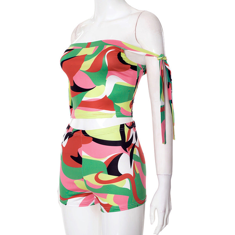 Women Spring and Summer Multi-Color Printed Off Shoulder Lace-Up Crop Top and ShortsTwo Piece Set 8