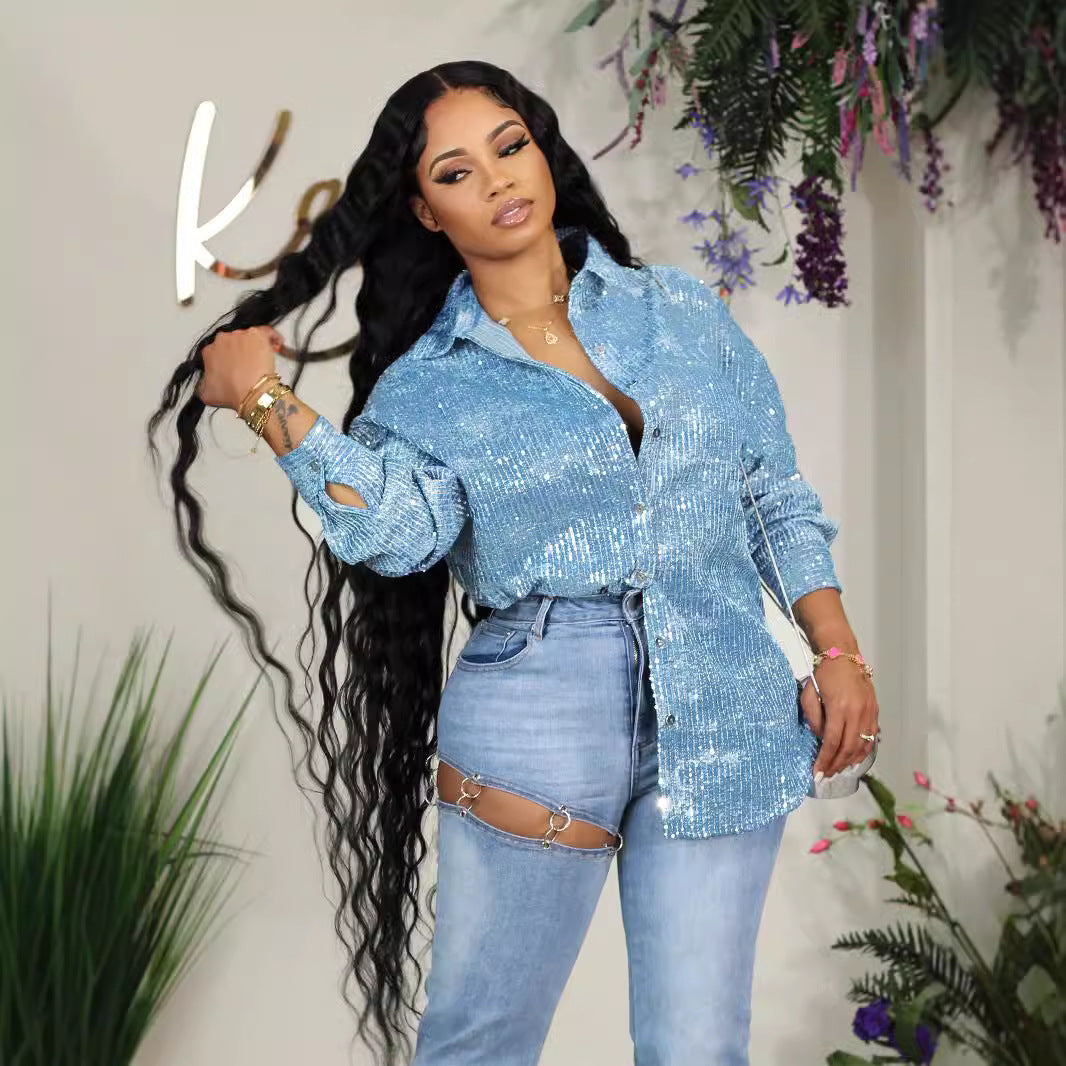 Women Turndown Collar sequined sequin shirt 5