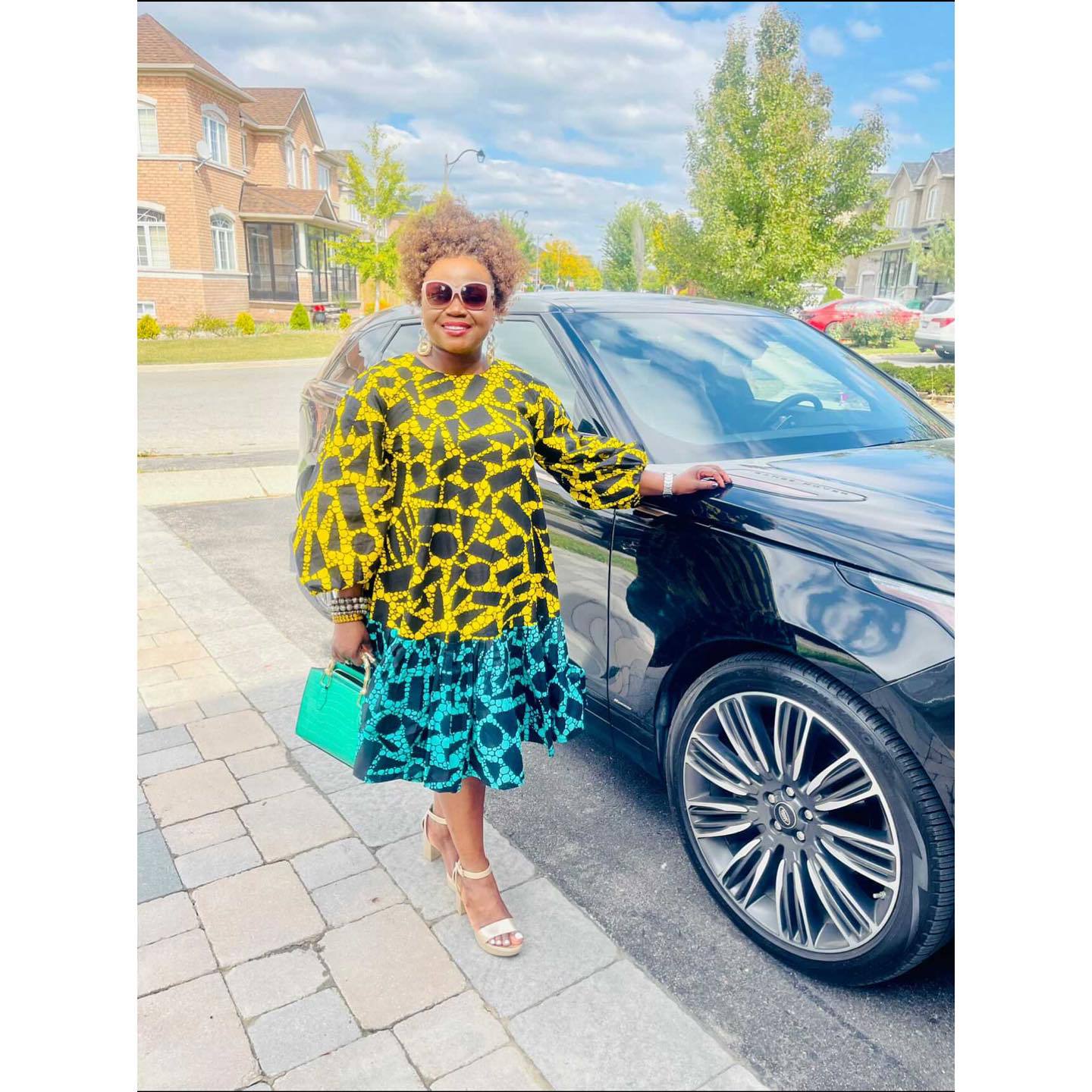 Women Printed Lace-Up Balloon Sleeves Loose Large Hem Round Neck Dress 16