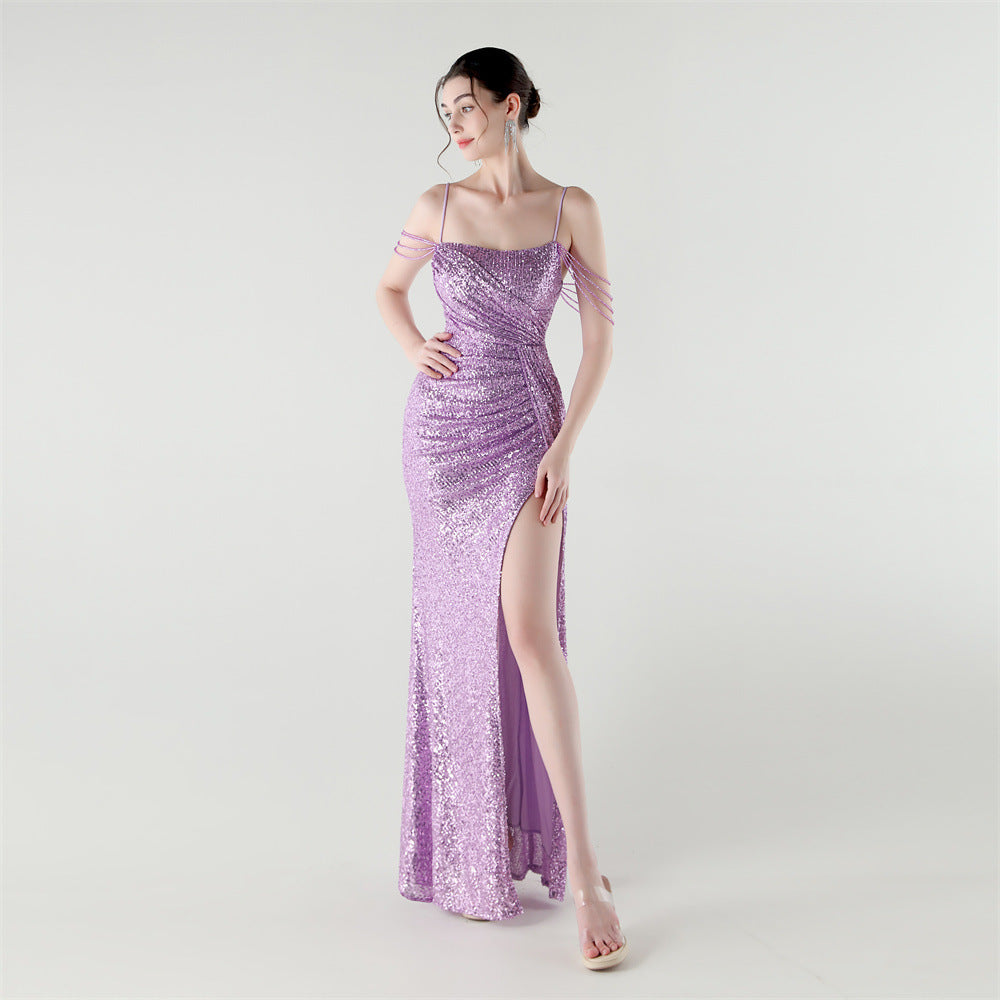 Sexy Low Back Fishtail Sequin Evening Dress Beaded Slim Dinner Gown 4