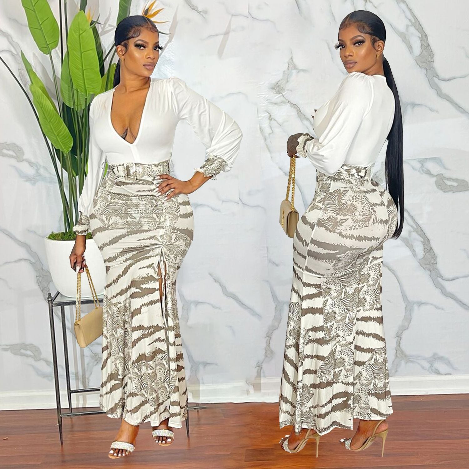 Women Patchwork Print Tie Dye Slit Dress 6