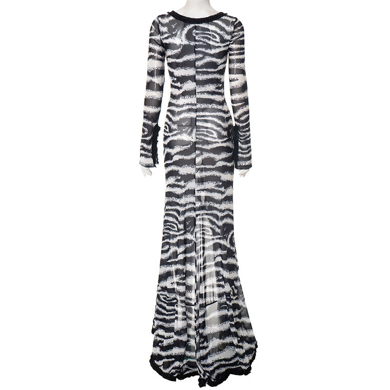 Women's Summer Autumn V-Neck Zebra Print Cut-Out Ruffle Slit Long Dress 8