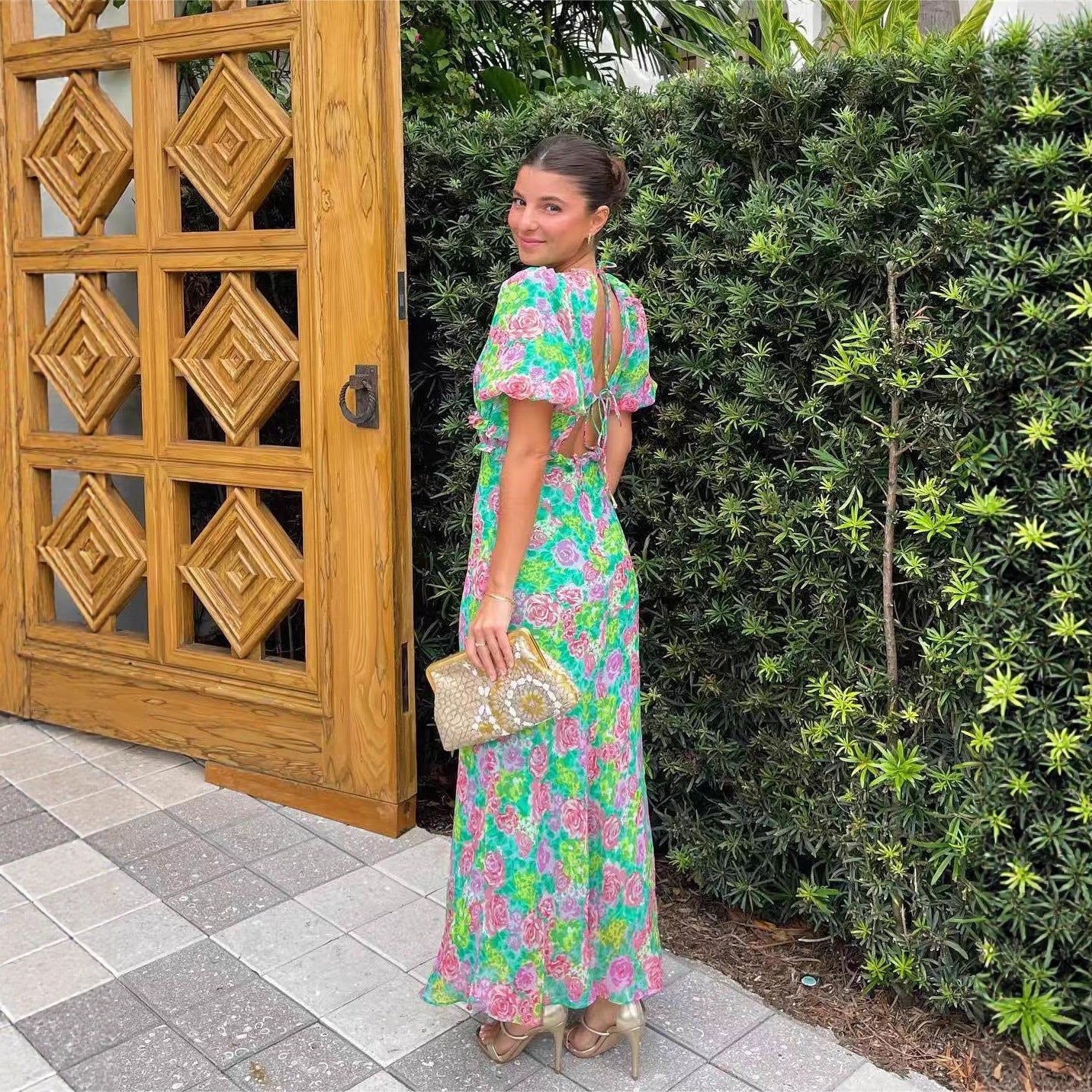 Summer Puff Sleeve V-Neck Print Dress 4