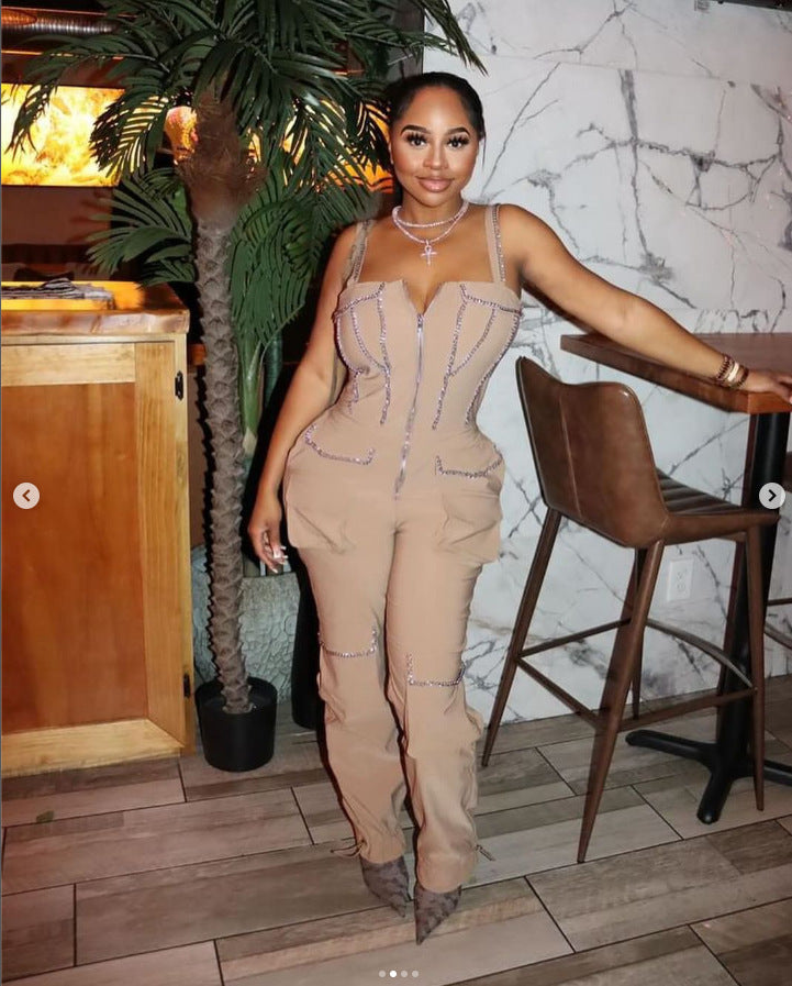 Women Strapless Zipper Pocket Jumpsuit 4