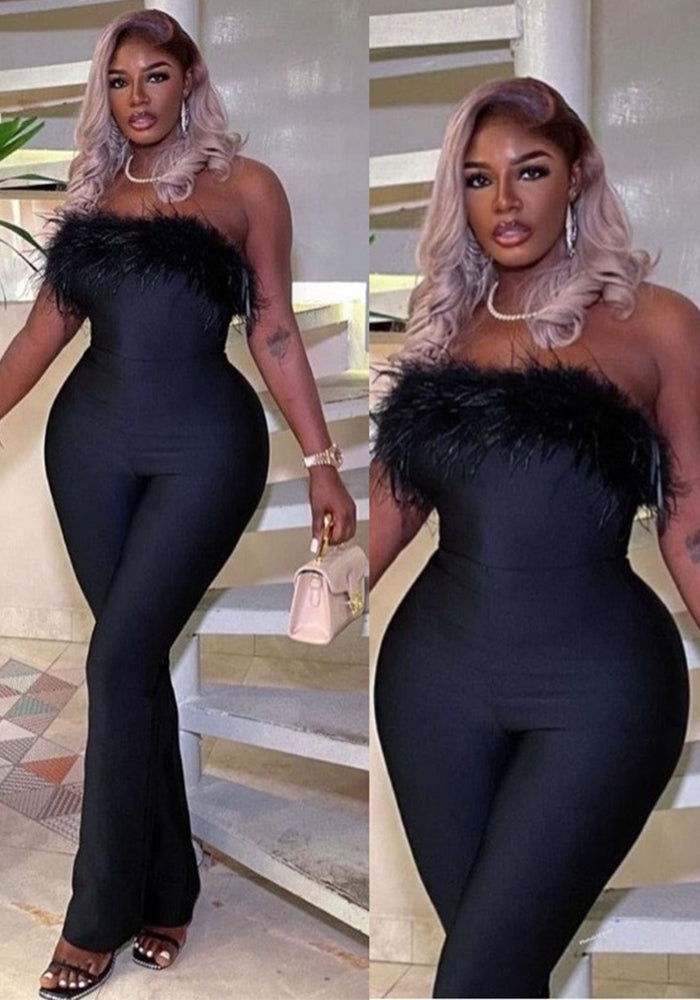 Women Off-shoulder Strapless Patchwork Feather Wide-leg Jumpsuit