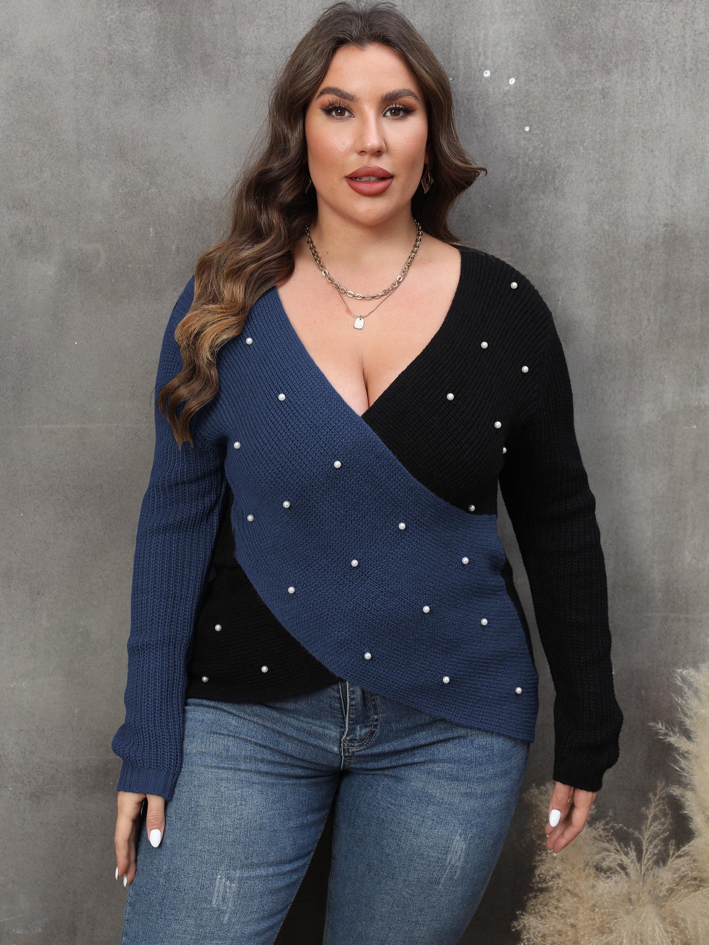 Women's Pearl Plus Size Contrast Color Cross Deep V Neck Sexy Sweater 7