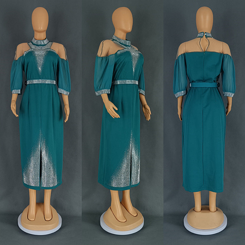 African Plus-Size Elegant Chic Beaded Patchwork Slit Bodycon Dress 12