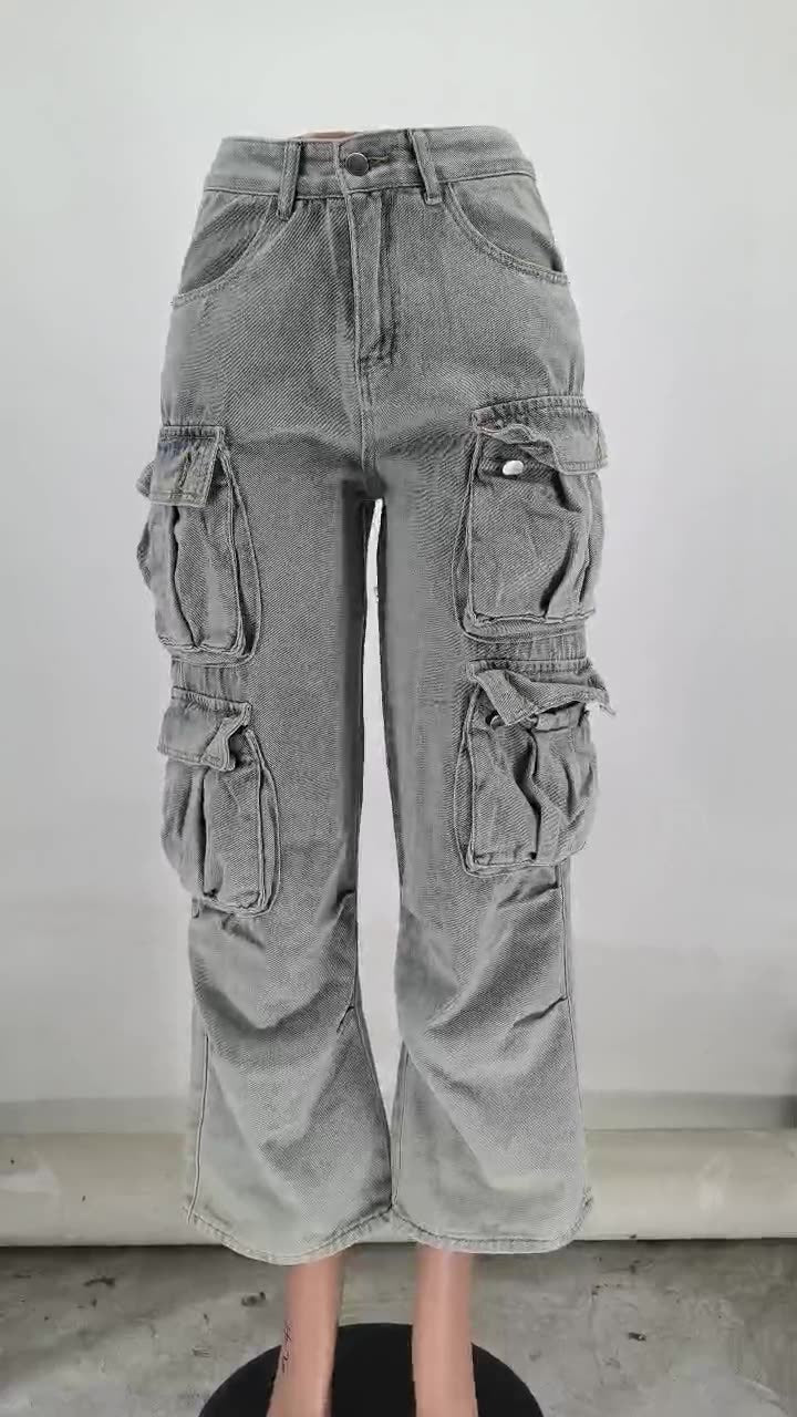 Women Washed Cargo Pocket Denim Straight Leg Pants 5