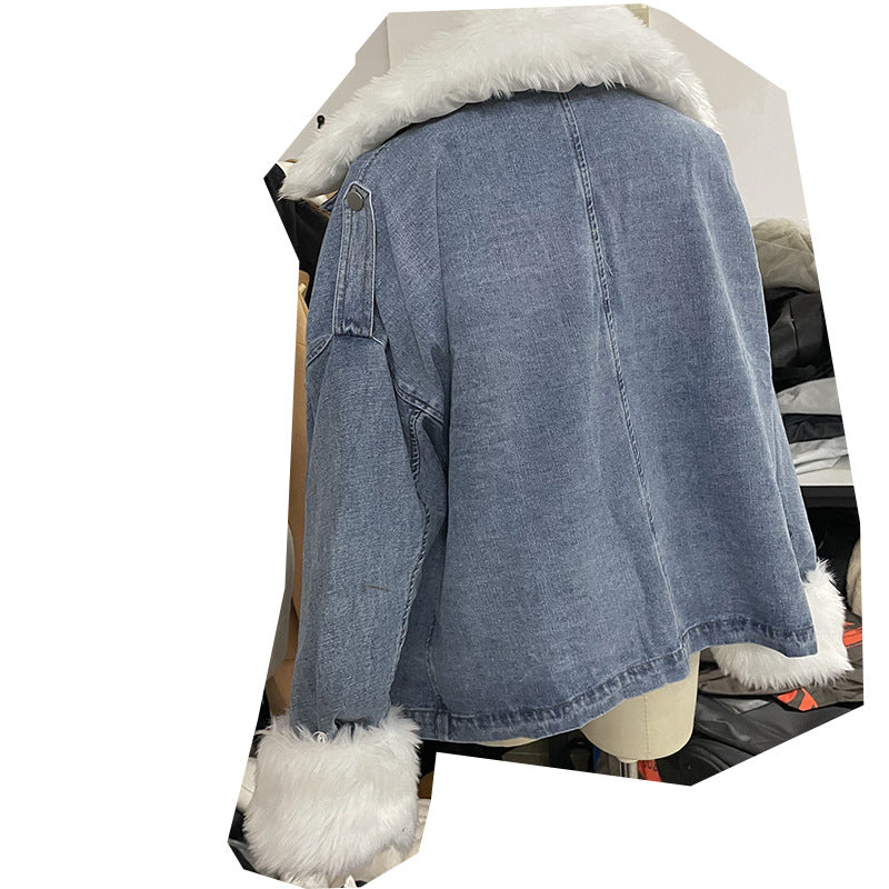 Women Winter Loose Fur Collar Turndown Collar Denim Jacket 7