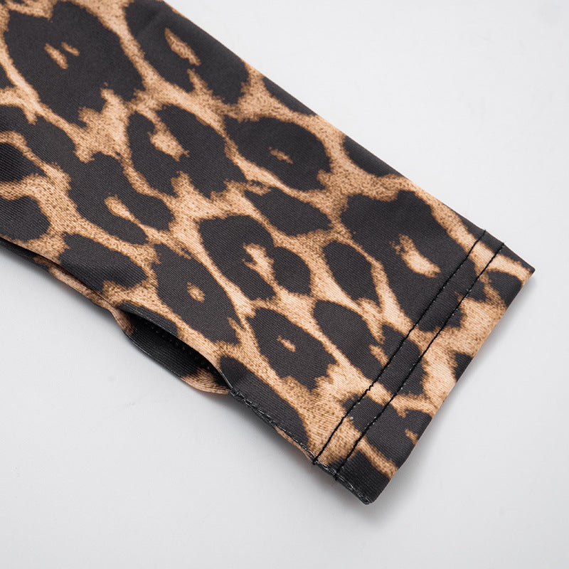 Women's Autumn Winter Leopard Print Off Shoulder Deep V-Neck Finger Sleeve High Waist Pants Set 18