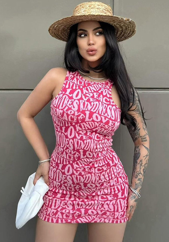 Women Sexy Summer Letter Print Round Neck Sleeveless Bodycon Dress