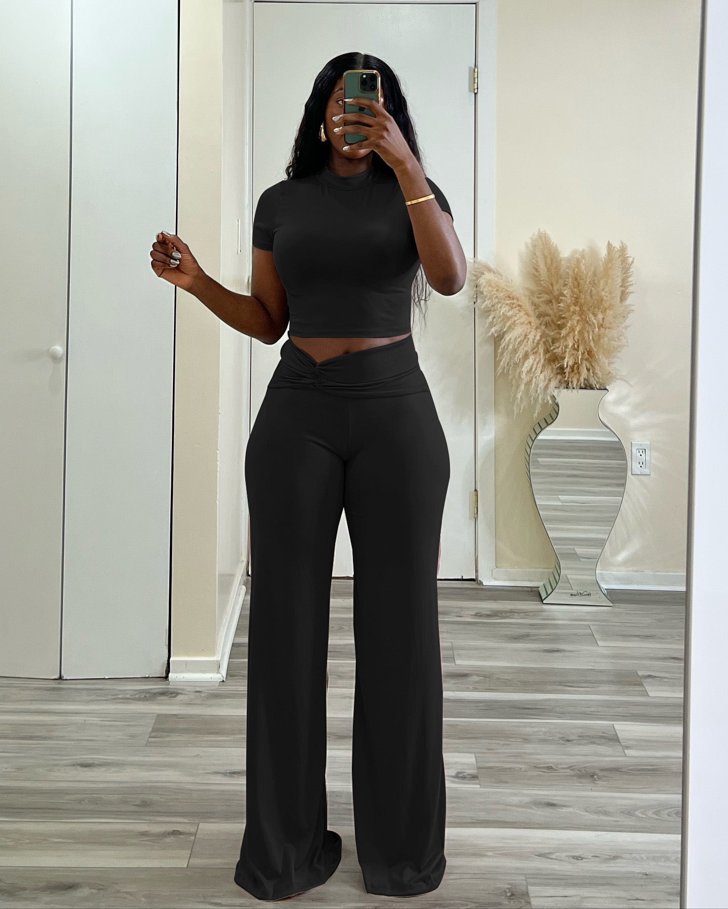 Women Summer Solid Stretch Knot Top and Wide Leg Pants Two-Piece Set 4