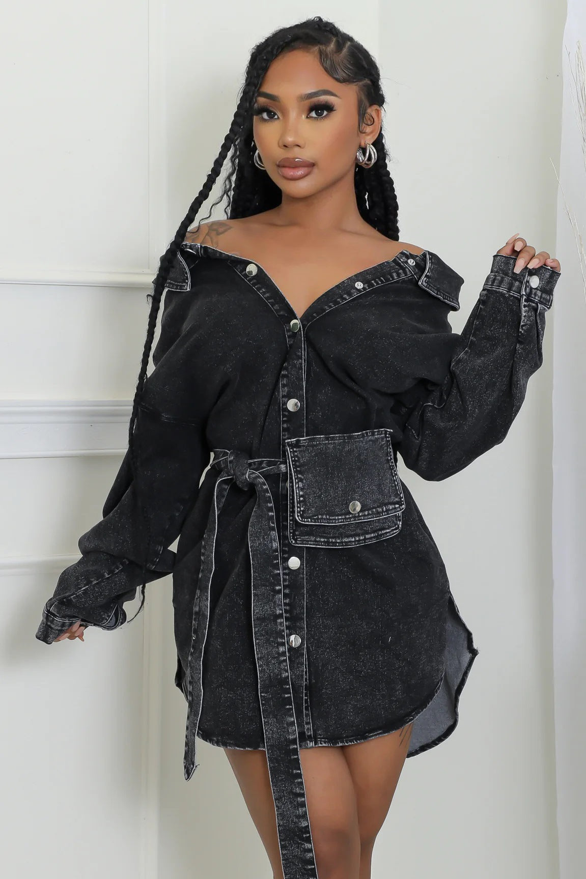 Autumn Denim Turndown Collar Long Sleeve Single Breasted Slim Fit Belt Fashion Denim Dress 3