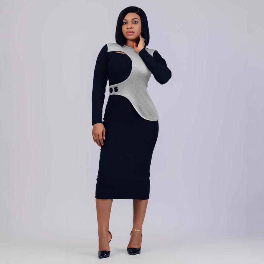 Patchwork Contrast Color Irregular Elastic Bodycon Back Slit Dress 5