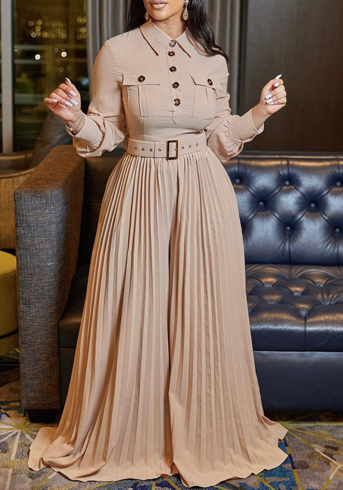 Women's Fall Winter Long Sleeve Casual Loose Pleated Wide Leg Jumpsuit with Belt 6