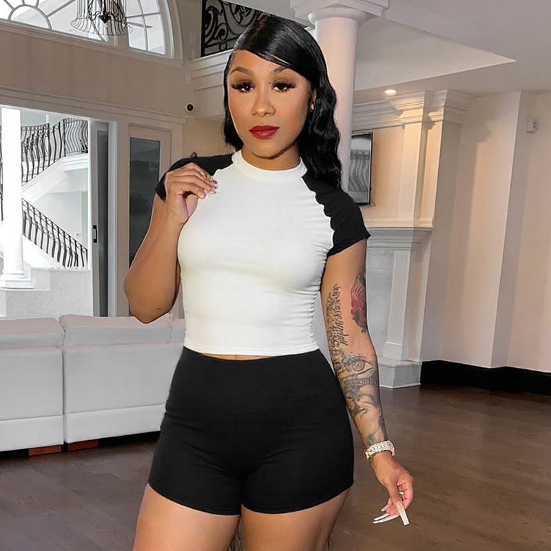 Women Spring and Summer Round Neck Contrast Color Top and Shorts Two-Piece Set 13