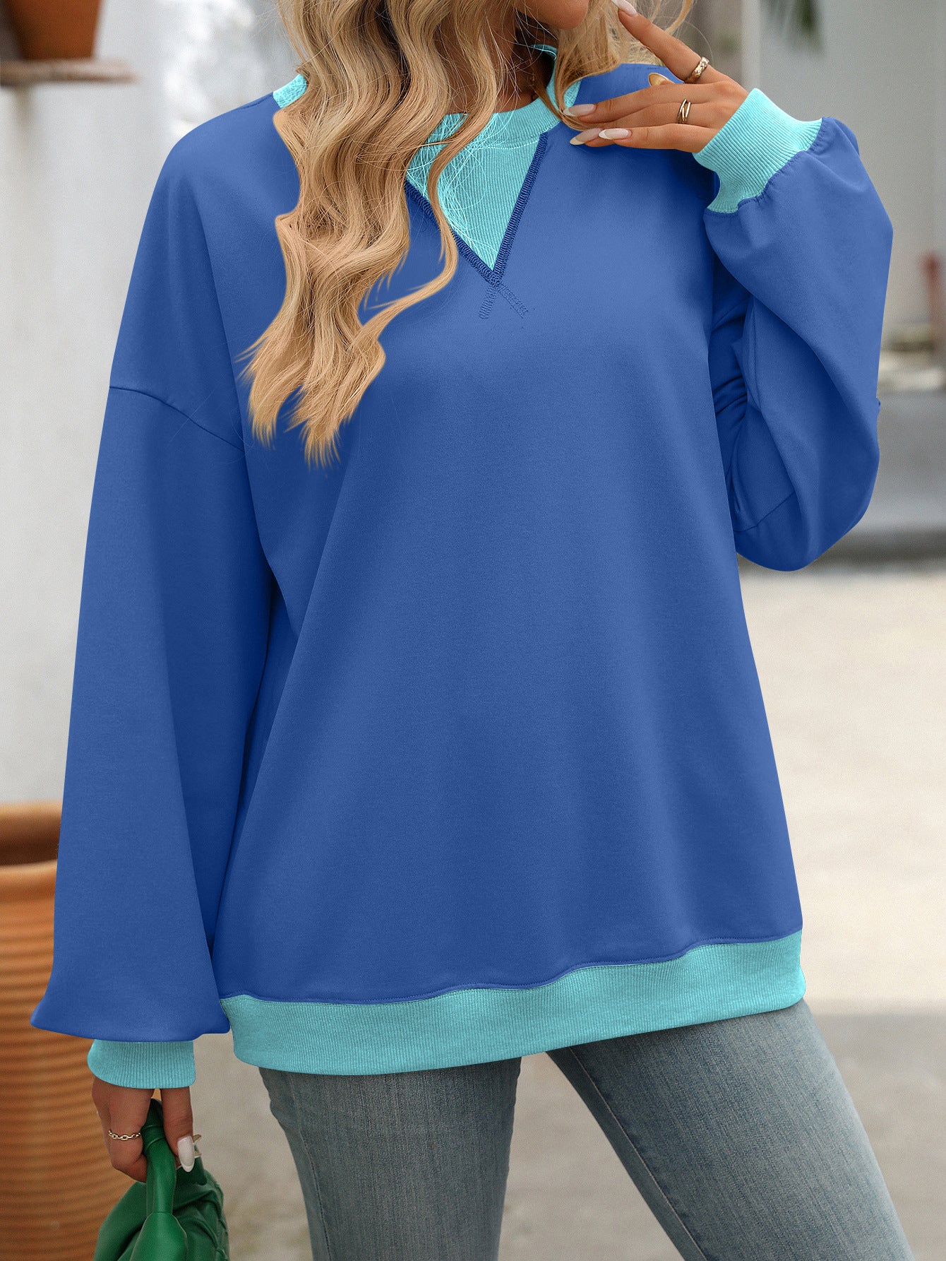 Autumn and winter contrast color Round Neck Women loose sweatshirt 4