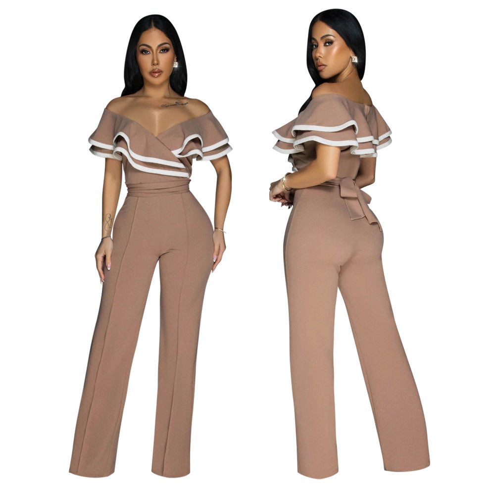 Women Summer Off Shoulder Short Sleeve Wide Leg Jumpsuit 4