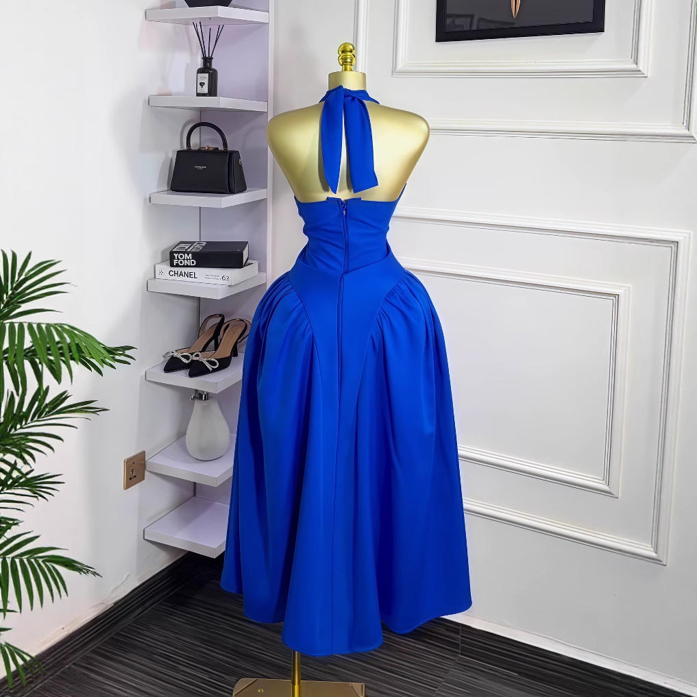 Women Summer Solid Sleeveless Deep V-neck Halter Neck Butterfly Lace-Up Maxi Dress 3