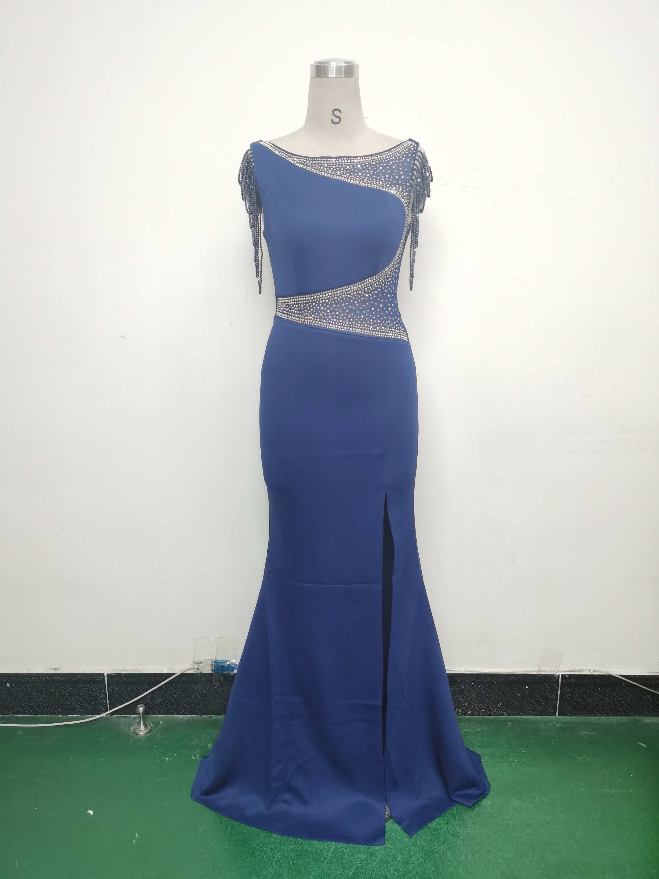 Women Beaded See-Through Mesh Split Evening Dress 33