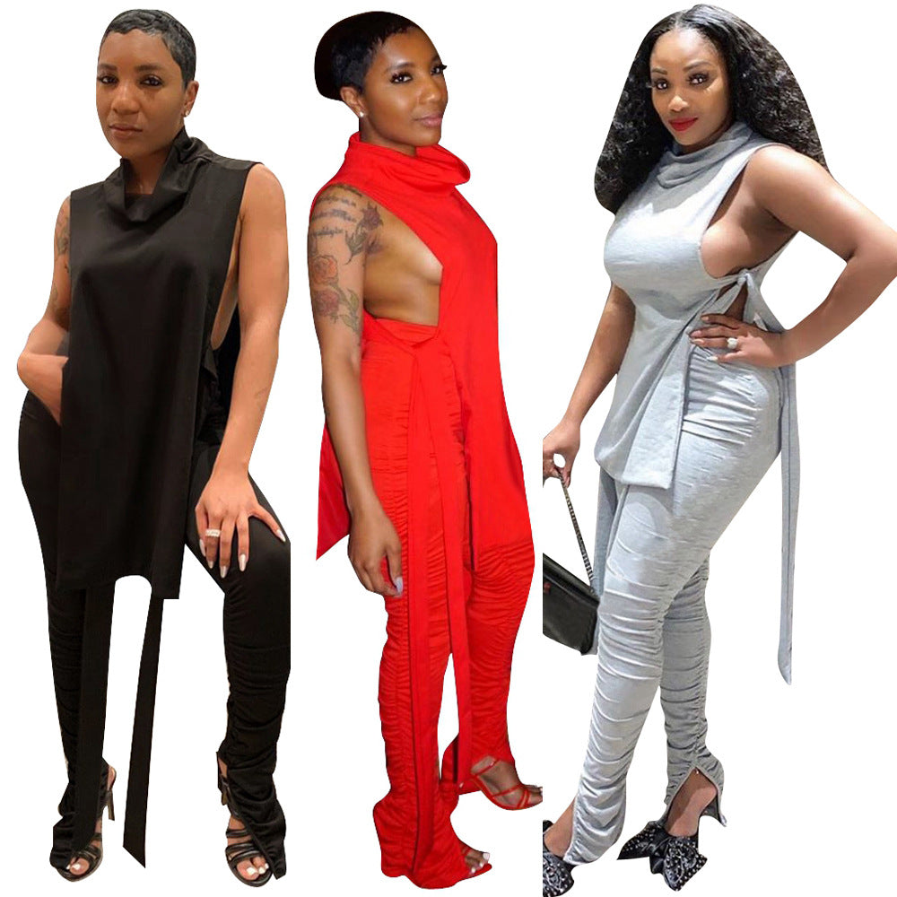 Women's Spring Summer Fashion Sexy Solid Side Lace-Up Two-Piece Pants Set 14