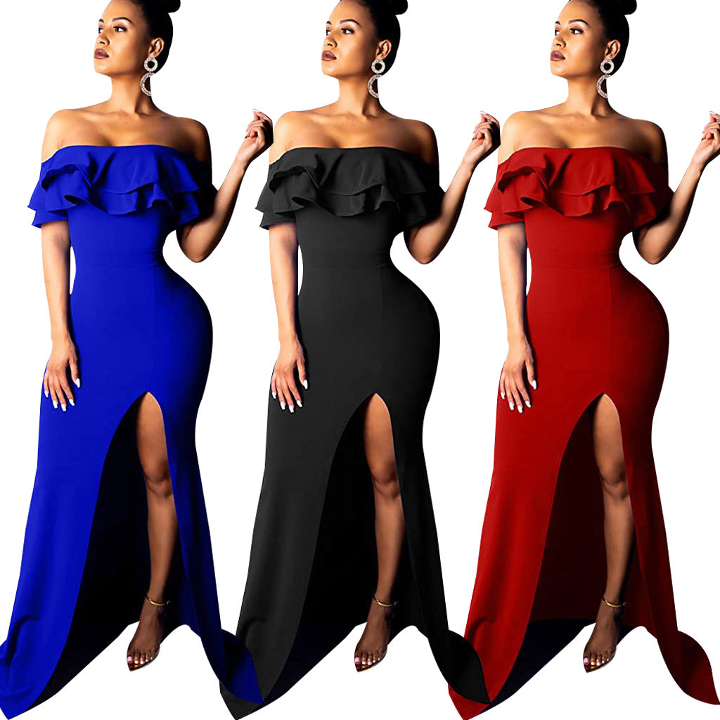 Sexy Fashion Ruffle Off Shoulder Split Dress 7