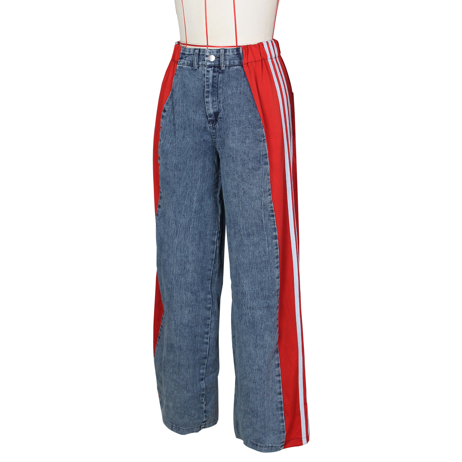 Summer Fashion Patchwork Three Stripes Wide Leg Denim Pants Women's Casual High Waist Stretch Straight Jeans 23