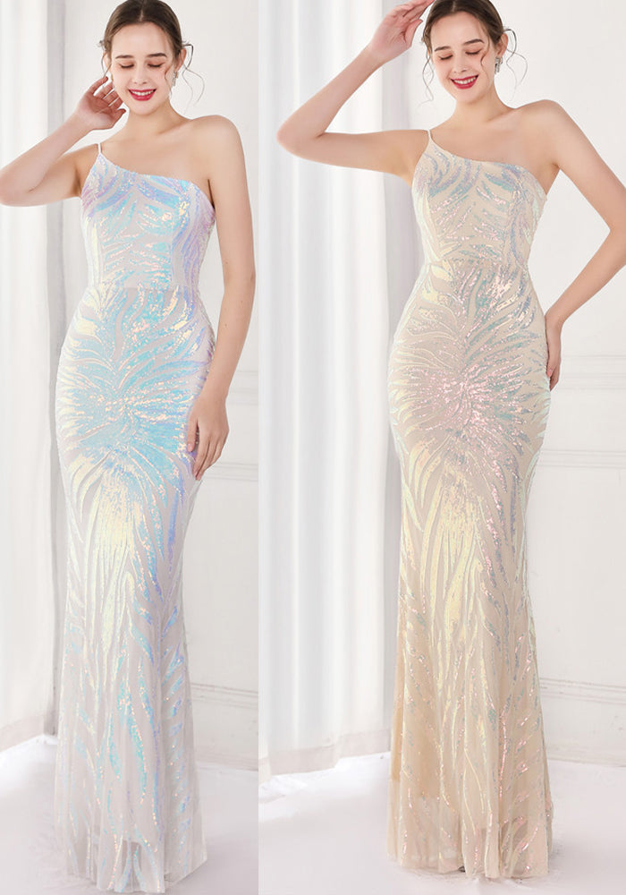 Summer Elegant Black One Shoulder Sleeveless Sequ Mermaid Evening Dress